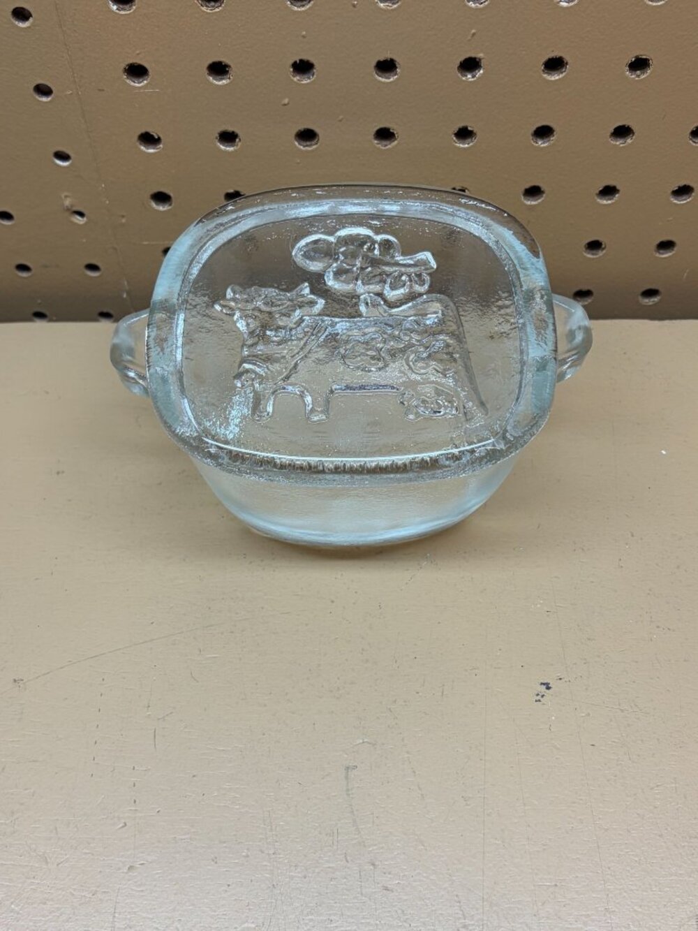 Vintage Glass Butter Dish With Embossed Cow & Lid